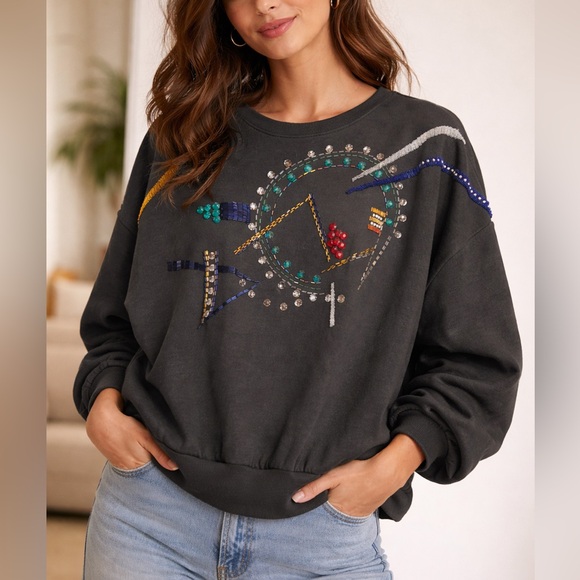 Tops - Alison Beaded Embellished Grey Sweatshirt vintage 80s blouse top disco retro m/l